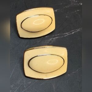 Vintage Monet Gold Tone Cream Enamel Geometric Clip-On Earrings